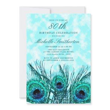 glittery teal blue peacock feathers 80th birthday invitation