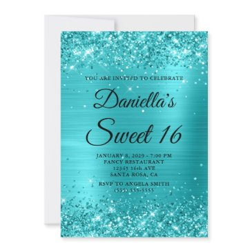 glittery turquoise blue foil sweet 16 invitation