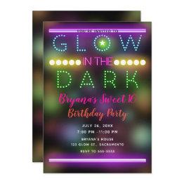 Small Glow In The Dark Neon Lights Fun Birthday Party Invitation Front View
