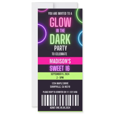 glow in the dark neon sweet 16 party ticket invitation