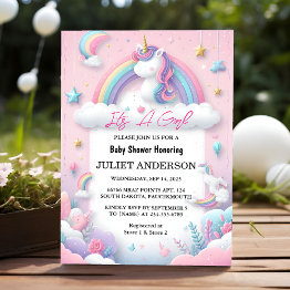 Small Glow Space Royal Pony Unicorn Baby Girl Shower Invitation Front View