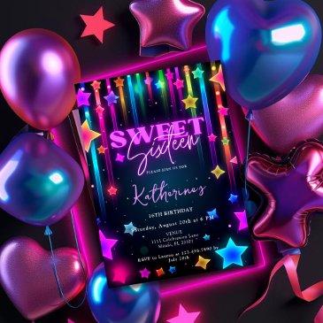 glow sweet 16 sixteen retro 80s neon bright invitation