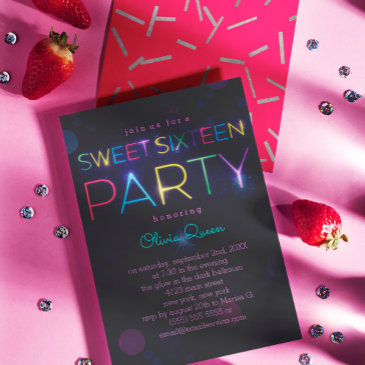 glowing neon sweet sixteen party invitation