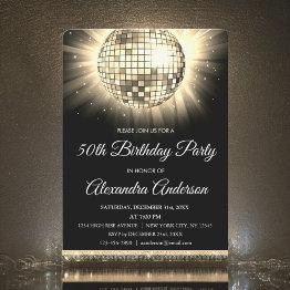 Small Gold 50th Birthday Party 70s Disco Ball Invitation Front View