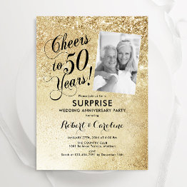 Small Gold 50th Surprise Wedding Anniversary Photo Invitation Front View