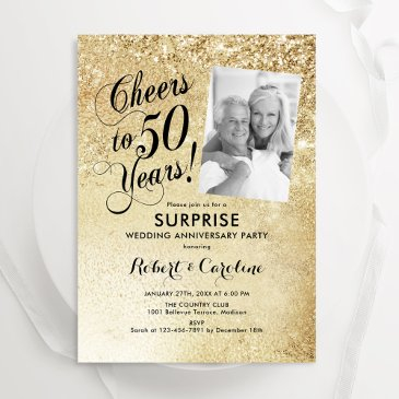 gold 50th surprise wedding anniversary photo invitation