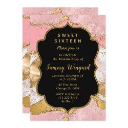 Small Gold And Pink Sequins Agate Sweet Sixteen Invitation Front View