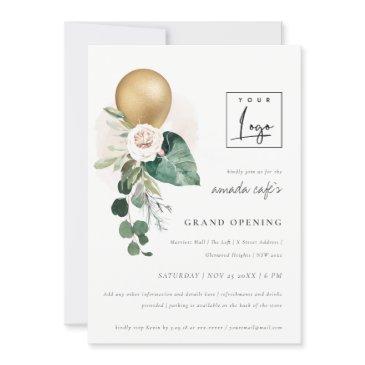 gold balloon floral logo grand opening invite