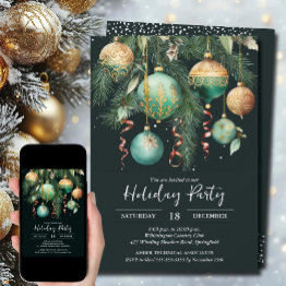 Small Gold Baubles Christmas Tree Party Invitation Front View