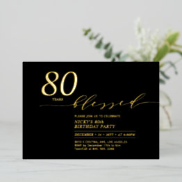 Small Gold & Black 80 Years Loved 80th Birthday Party Foil Invitation Front View