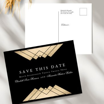 gold black geometric gatsby save the date announcement postinvitations