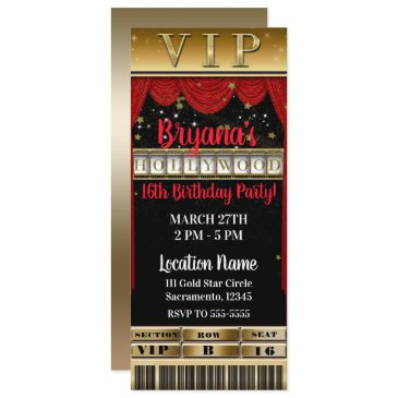 gold black red hollywood birthday party vip ticket invitation