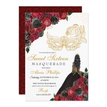 gold black red roses masquerade sweet 16 invitation