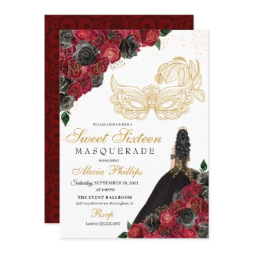 gold black red roses masquerade sweet 16 invitation