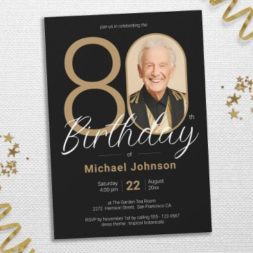 gold black simple custom photo 80th birthday party invitation