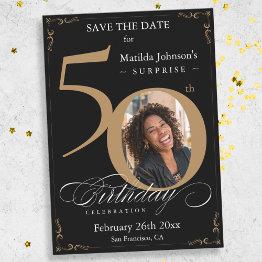 Small Gold Black Surprise 50th Birthday Save The Date Invitation Front View