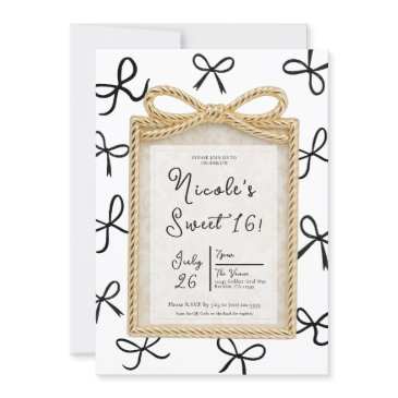 gold bow frame & little black bows sweet 16 photo invitation