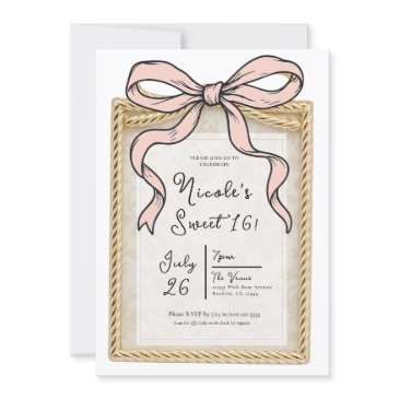 gold bow frame pink ribbon bow sweet 16 photo invitation