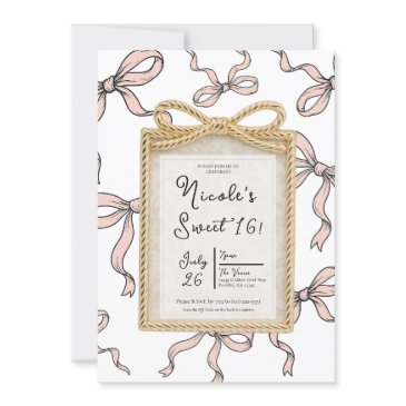 gold bow frame pink ribbon bow sweet 16 photo invitation