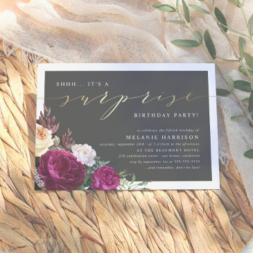 gold & burgundy floral surprise birthday party invitation