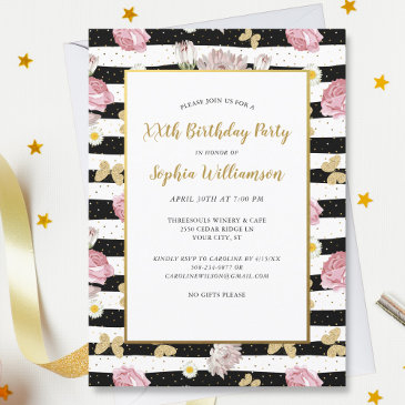 gold butterflies floral stripe pattern birthday invitation