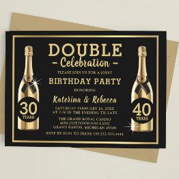 Small Gold Champagne Elegant Double Birthday Party Invitation Front View
