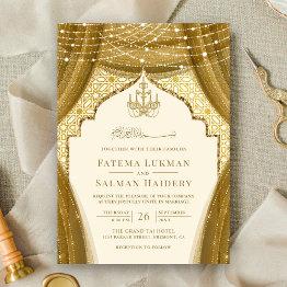 Small Gold Chandelier Curtain Cream Muslim Wedding Invitation Front View