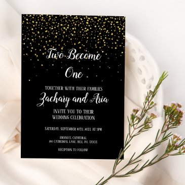 gold confetti|black two become one wedding gold foil invitation