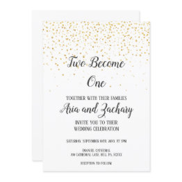 Small Gold Confetti Calligraphy Two Become One Wedding Invitation Front View