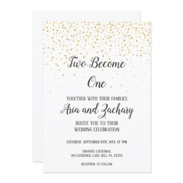 gold confetti calligraphy two become one wedding invitation