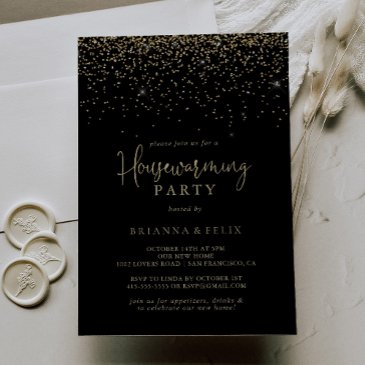 gold confetti fancy script housewarming party invitation