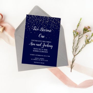gold confetti|navy two become one wedding foil invitation