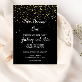 Small Gold Confetti On Black Two Become One Wedding Invitation Front View