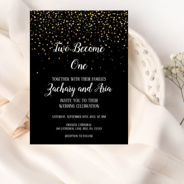 gold confetti on black two become one wedding invitation