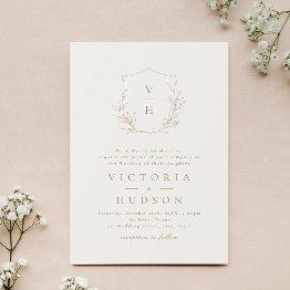 Small Gold Cream Simple Botanical Crest Monogram Wedding Invitation Front View