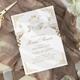 Small Gold Crest Royal White Peacock Bridal Shower Invitation Front View