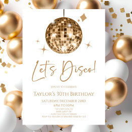 Small Gold Disco Ball Let's Disco Birthday Party Invitation Front View