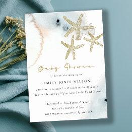 Small Gold Dusky Blue Beachy Starfish Baby Shower Invitation Front View