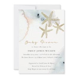 Small Gold Dusky Blue Beachy Starfish Baby Shower Invitation Front View