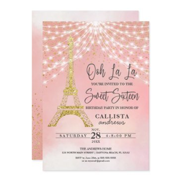 gold eiffel tower glitter sparkles lights sweet 16 invitation