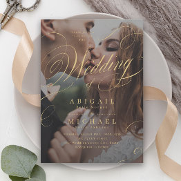 Small Gold Elegant Classic Calligraphy Photo Wedding Invitation Front View