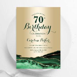 Small Gold Emerald Green Agate Marble 70th Birthday Invitation Front View