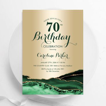 gold emerald green agate marble 70th birthday invitation