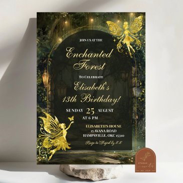 gold enchanted forest fairy birthday girl invitation