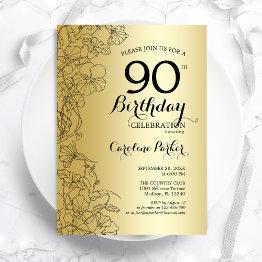 Small Gold Floral 90th Birthday Party Invitation Front View