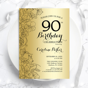 gold floral 90th birthday party invitation