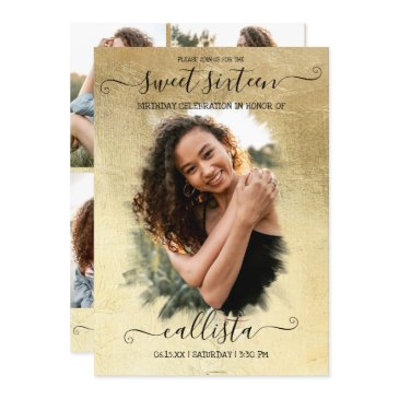 gold foil halo photo collage sweet 16 invitation