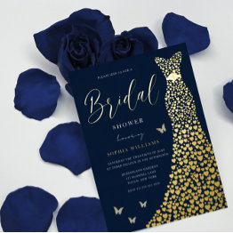 Small Gold Foil Heart Gown With Navy Bridal Shower Foil Invitation Front View