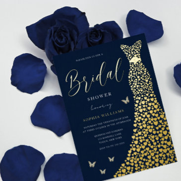 gold foil heart gown with navy bridal shower foil invitation