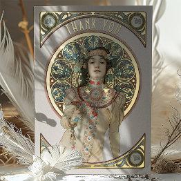 Small Gold Foil Thank You Invitations Art Nouveau Mucha Front View